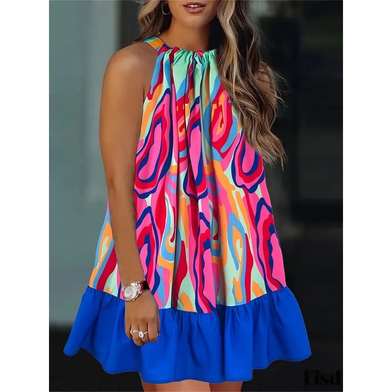 T-shirt imprimé coloré pour femmes, grande taille, col licou, épaules dénudées, dos