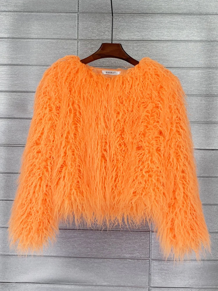 LANMREM Fashion Imitation Fur Coat Women's O-neck Long Sleeves Bright Color Elegant Coats Party Clothes Autumn Winter New 2Z2561