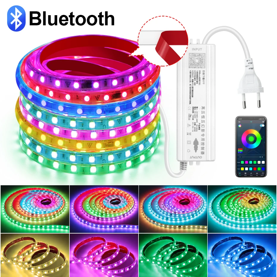 Smart Bluetooth RGBIC LED Strip Light AC 220V Adhesive Tape Waterproof Flexible Ribbon Chasing RGB Strips For Home Decoration