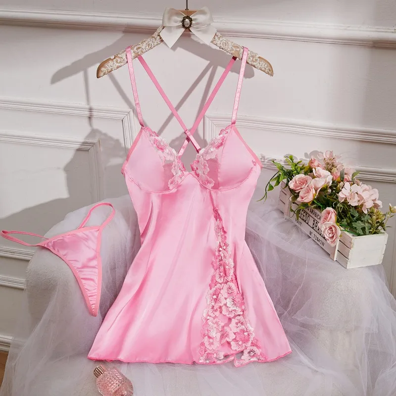

Новая мода, летние розовые экзотические платья с открытой спиной, женская сексуальная одежда из искусственного шелка, ночная рубашка, женский комплект с тонкими Т-образными спинками и милыми пятнами