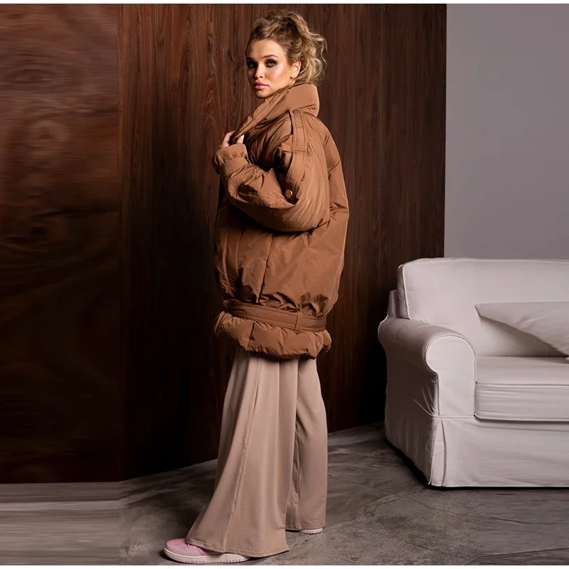 Übergroße Mäntel für Damen, mit Revers, Schulterklappen, doppelreihig, mit Schnürung am Saum, wattierte Jacken, Winter, langärmelig, einfarbig, neue Oberbekleidung. – Detail 7