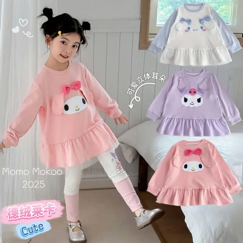 

Hot Sanrio Girl Coat Kawaii Anime Fashion Student Spring and Autumn Round Neck Long-Sleeved Tops Dress Children's Clothing New
