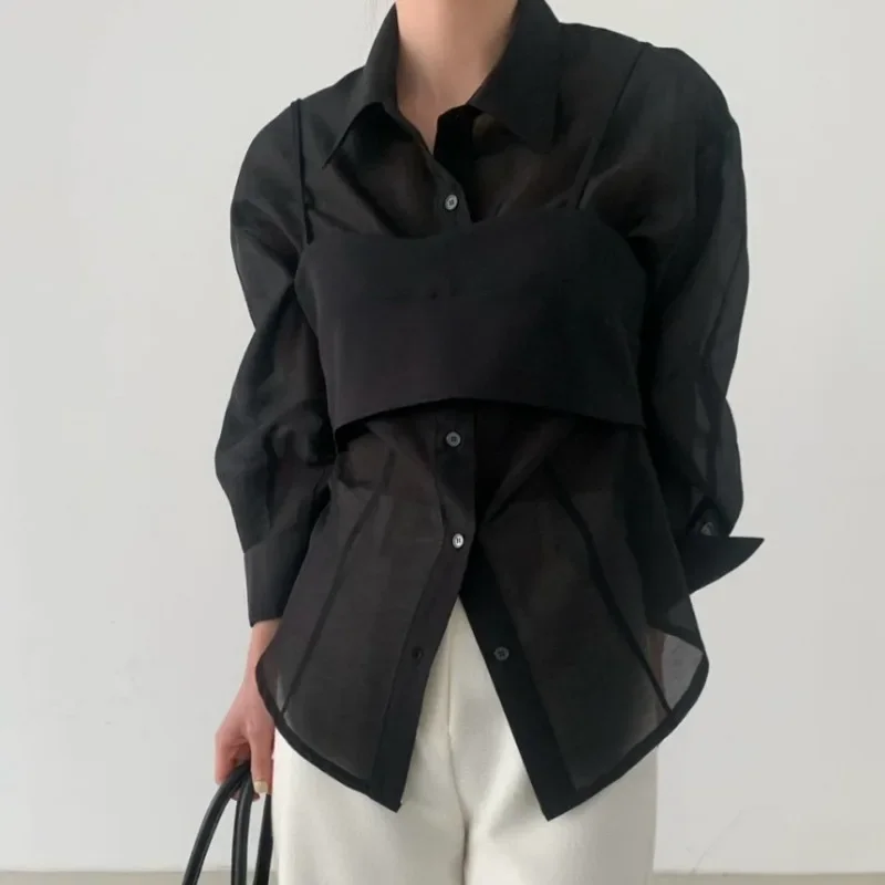 Loose Lapel Neck Shirts & Blouses Korean Chic Women 2024 Blusas Long Sleeve Ropa Mujer Lapel Camisas New Blusa with Camis