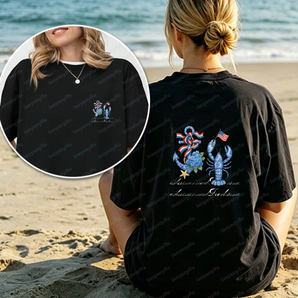 4. Juli Hummer-Anker Baumwoll-T-Shirt für Damen und Herren Unabhängigkeitstag Patriotisches Küsten-Grafik-T-Shirt Trendiges Sommer-Freizeitoberteil