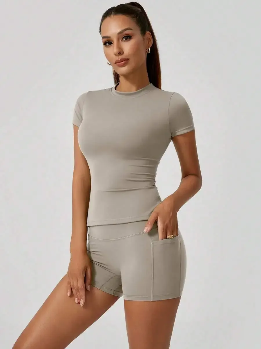 Women's Sweet Sports Short Sleeve High Waist Tummy Control Butt Lifting Shorts Set
