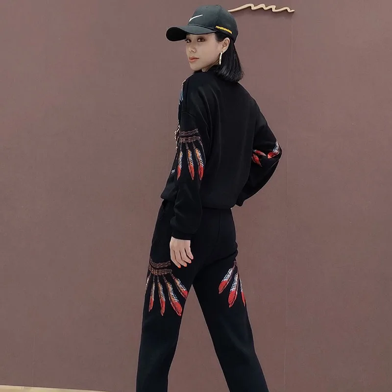 Autumn Heavy Work Beaded Eagle Pattern Printing Knitted Sportswear Suit Women Knitwear Pullover Tops Trousers Sets Casual Female