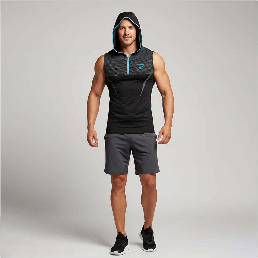 Men's Sleeveless Hooded Compression Gym Tank Top, Quick Dry Breathable Fitness Vest for Workout, Bodybuilding & Running