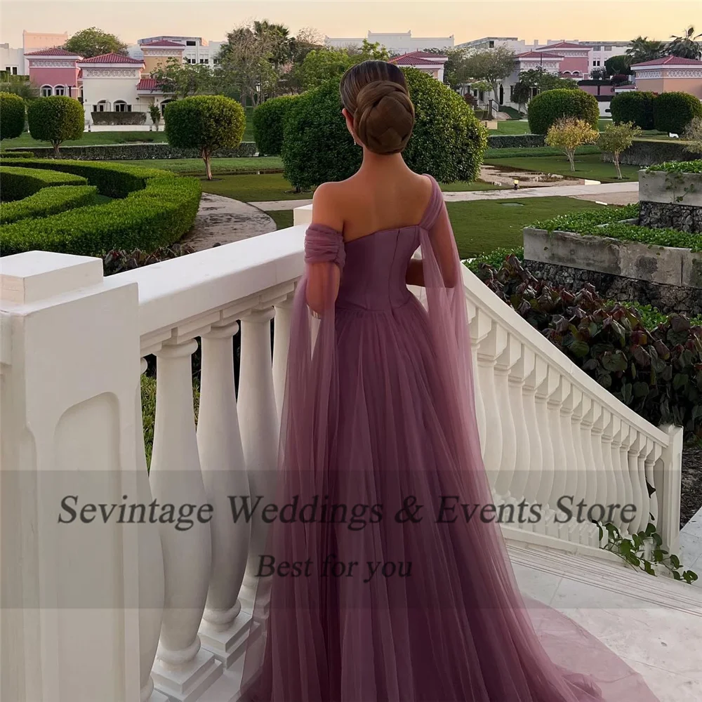 Sevintage Customized Elegant Lavender Tulle Prom Dress One Shoulder Ruched Floor Length Simple Homecoming Dress