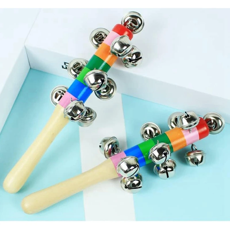 4 ชิ้นมือ Jingle Bells, Rainbow Handle ระฆังไม้ Jingle Stick Shaker Rattle เด็กทารกเด็กดนตรี