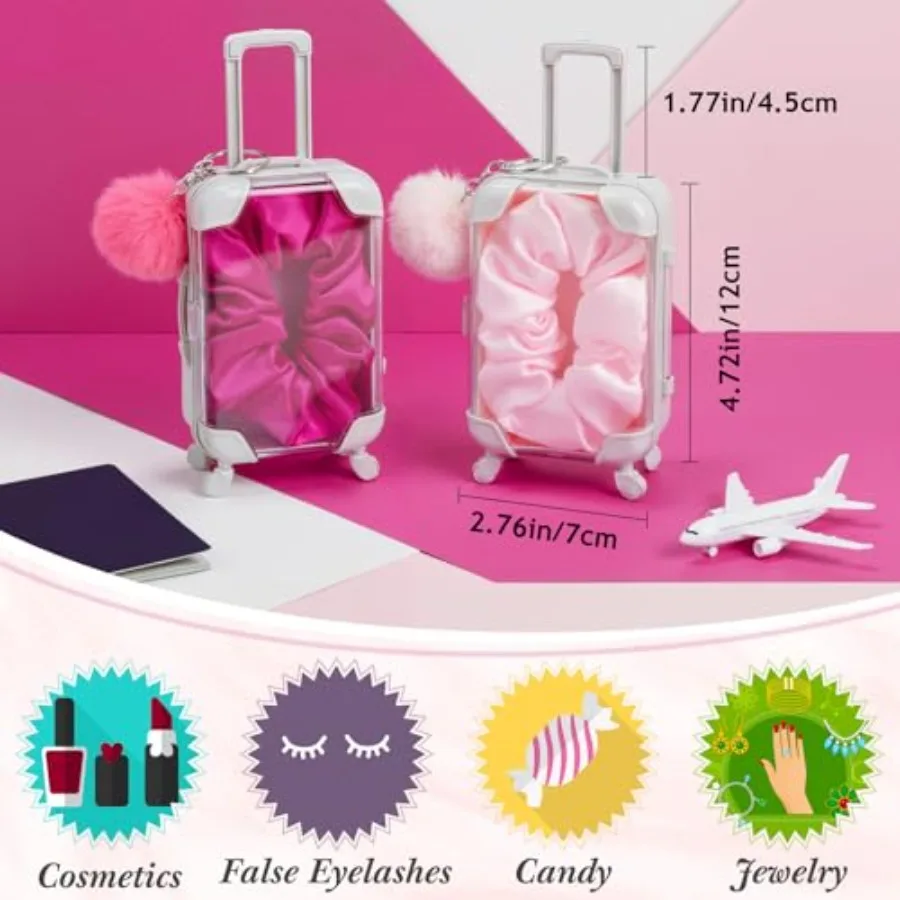 60 Pcs Mini Empty Suitcase Storage Box with Plush Ball Keychain and Scrunchies for Baby Shower Bride Shower Clear Candy Luggage