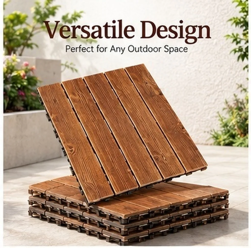 Carbonized Wood Deck Tiles Outdoor Flooring Interlocking Wooden Patio Balcony Floor Covering Smooth Durable Surface