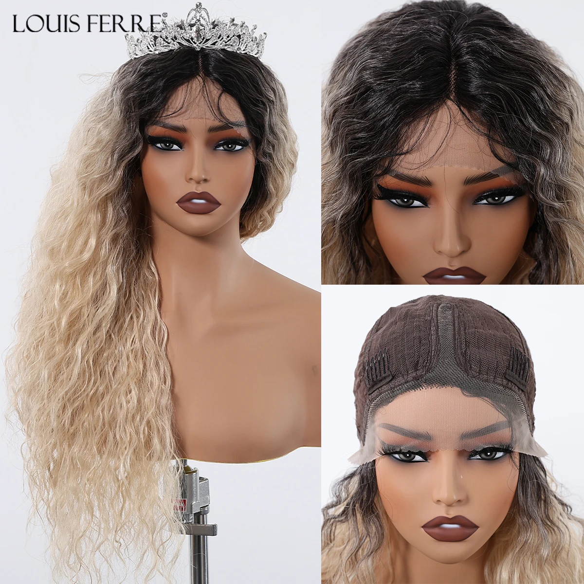 

LOUIS FERRE Long Curly Lace Front Synthetic Wigs for Black Women Black to Blonde Ombre Wigs Deep Wave Natural Hair for Daily Use