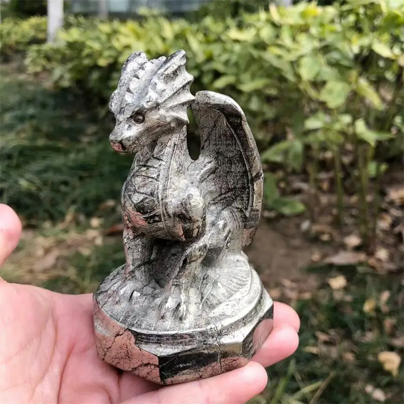 Natural Pyrite Cartoon Dragon Carving Animal Statue Quartz Healing Energy Gemstone Crafts for Christmas Gift 1pcs