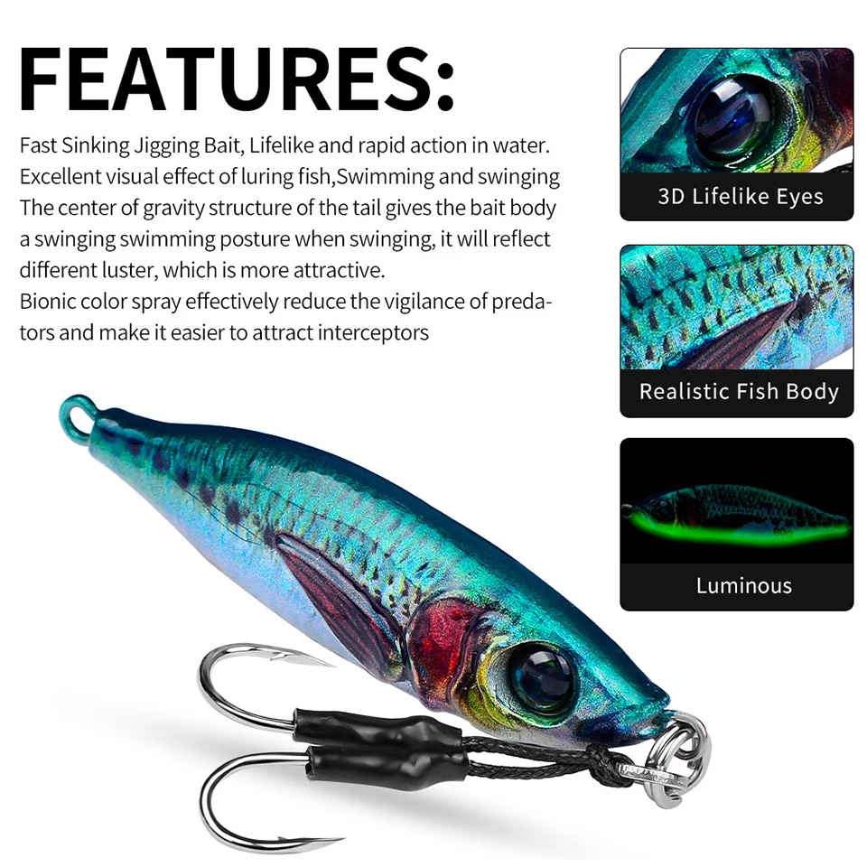 30/40/60/80G Metal Fishing Lure Bait Sea Bass Artificial Hard Bait 3D Eyes Sinking Jigging Luminous Fishing Lake Stream Fishing