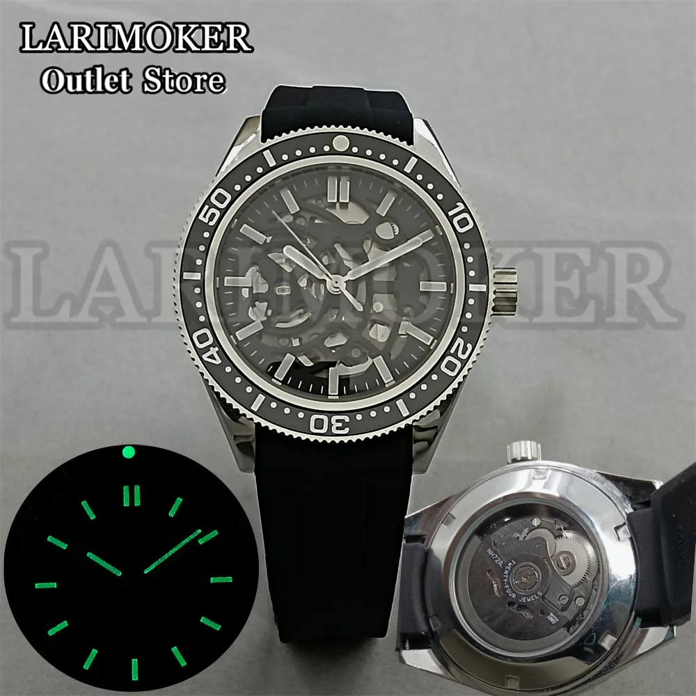 LARIMOKER 41.5mm men\'s watch Rubber strap Stainless steel case Dome sapphire glass, using NH72 transparent movement