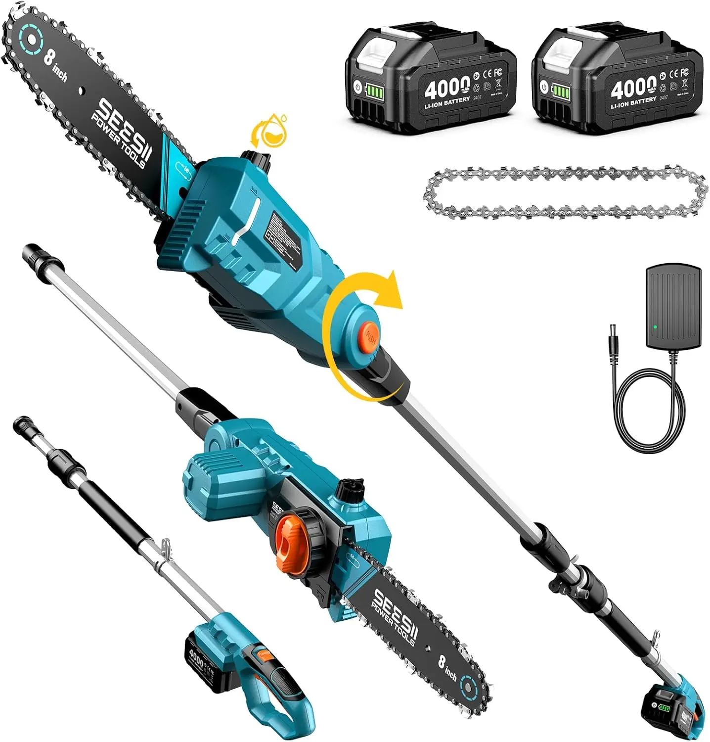 SEESII 8'' Akku-Astschere mit 2,5m Teleskopstange, elektrische Kettensäge für hohe Äste, Gartenpflegewerkzeug, kompatibel mit Makita 18V Akku