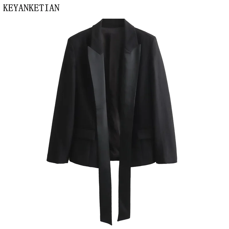 

KEYANKETIAN Autumn New Women Satin collar Suit Cropped Coat Flap Pockets Slim Office Lady Crop Top Outerwear Blazer Women/Dames