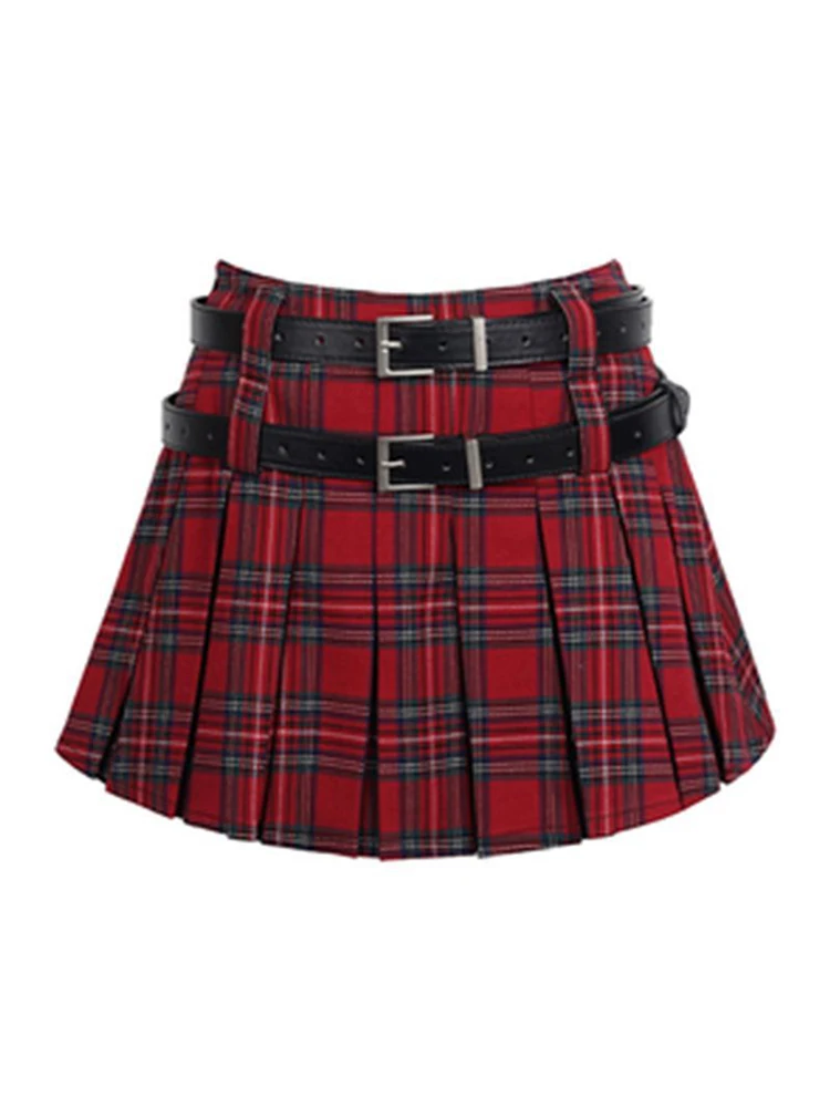 

Retro red plaid half skirt, women's spring and autumn double waisted high waisted short style, spicy girl pleated skirt