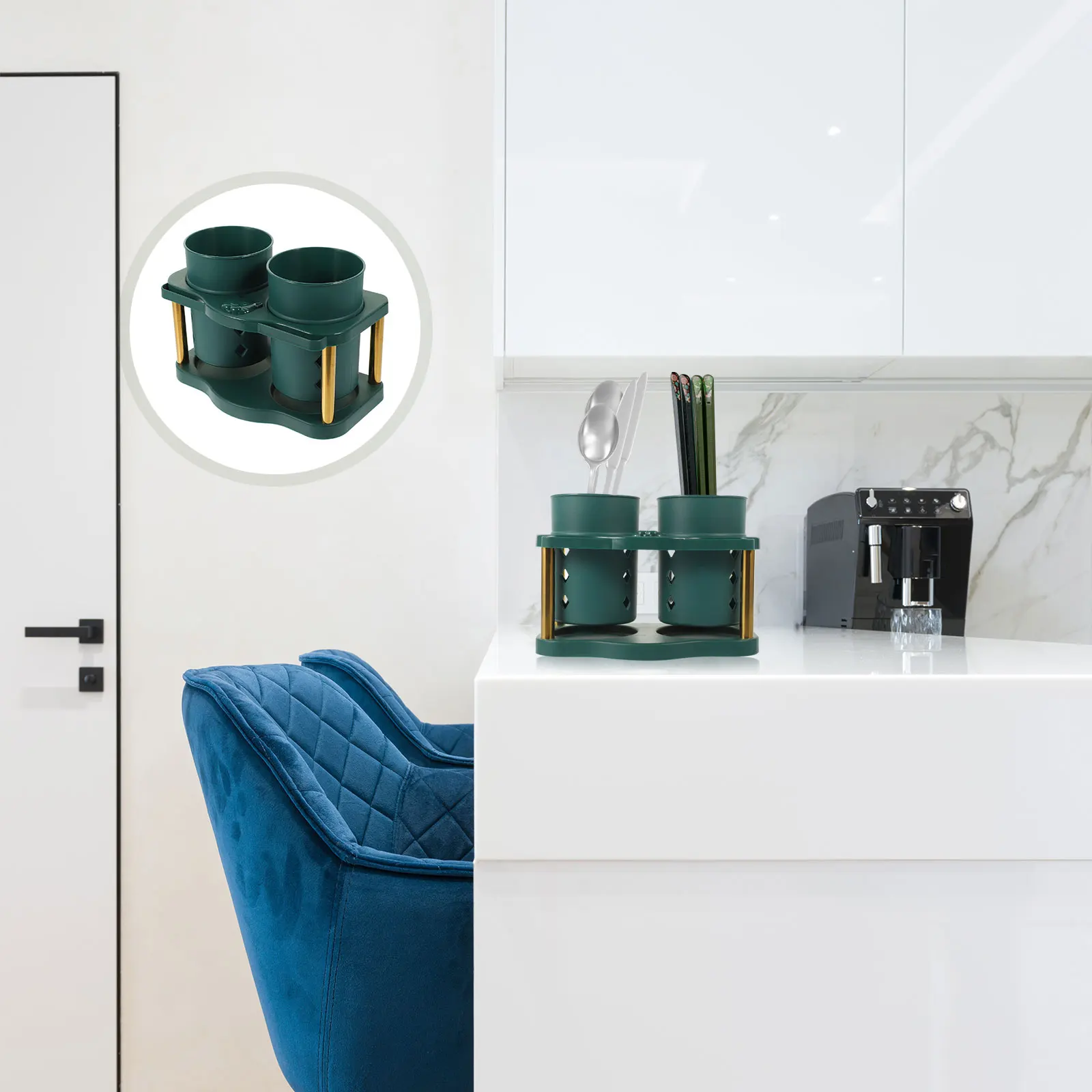 

2 Pcs Double-barrel Chopstick Tube Stainless Utensil Holder Chopsticks Kitchen Utensils Green Counter