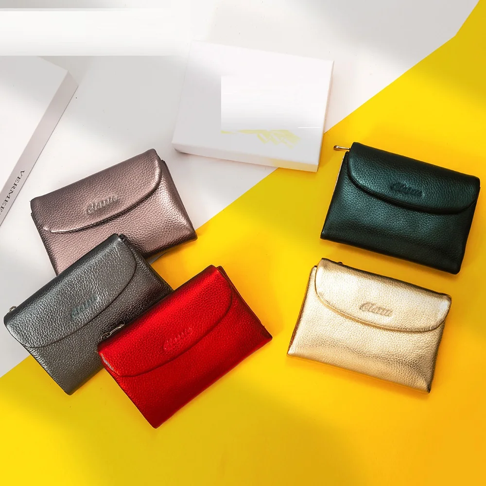 Card Holder Women Genuine Leather Wallet Soft Real Cow Leather Purse Short Cowhide Clutch Bag with Gift Box