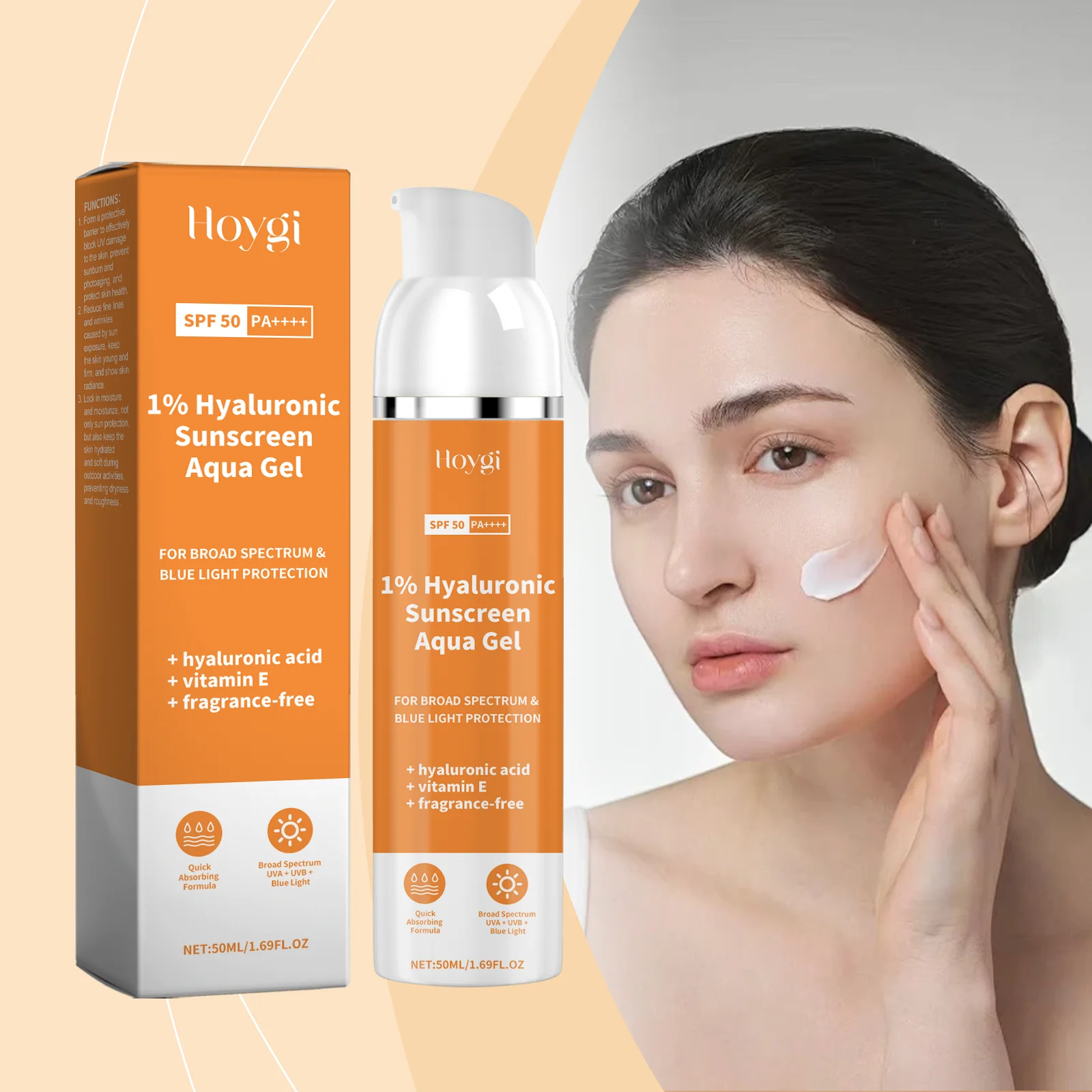 حمض الهيالورونيك SPF 50+ حماية من الأشعة فوق البنفسجية، كريم عزل واقي من الشمس مضاد للأكسدة، خفيف الوزن، كوري، مناسب لجميع أنواع البشرة