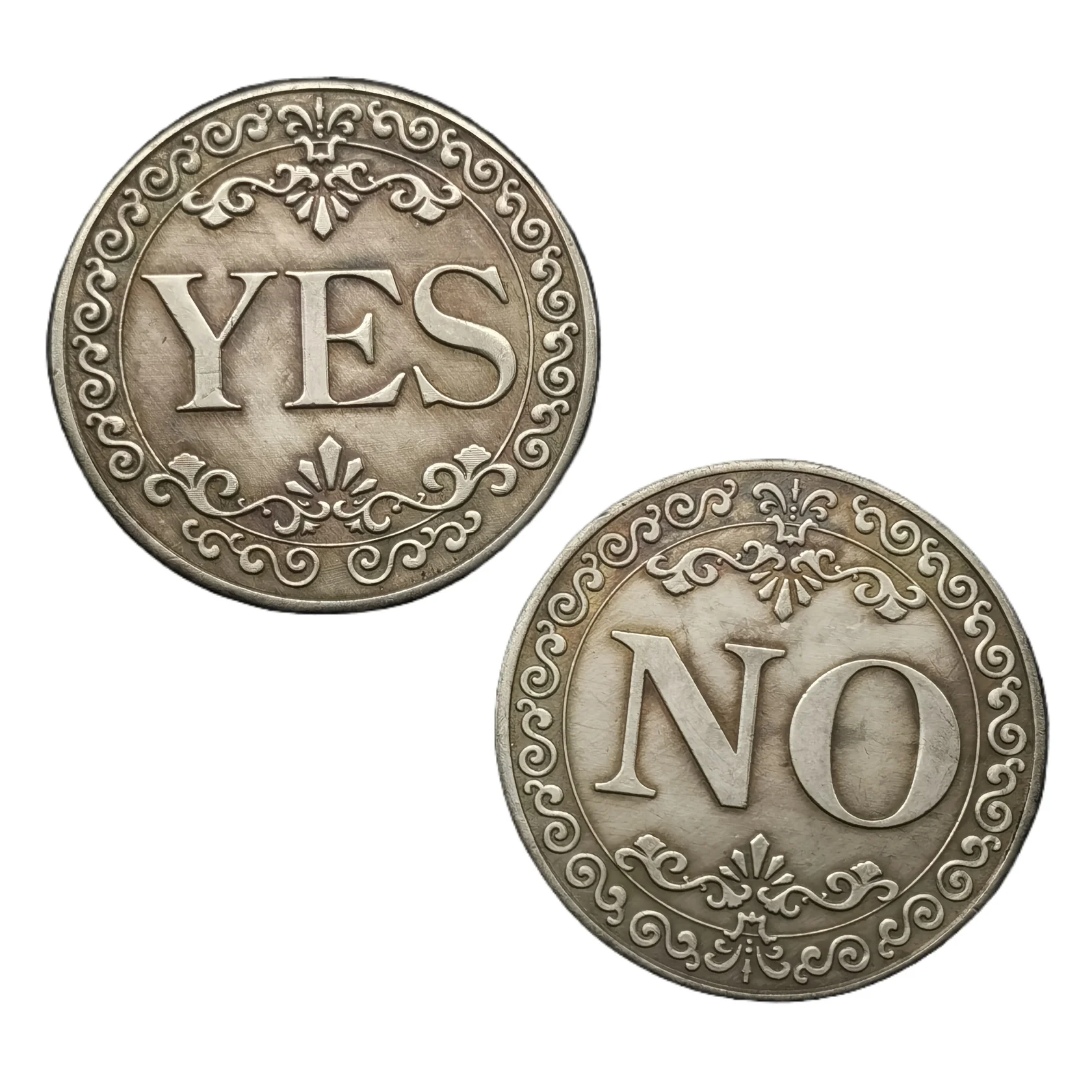 Double-Sided YES/NO Decision Maker Lucky Coin Antique Silver Ornate Floral Design Collectible Souvenir Gift Iron Metal Badge