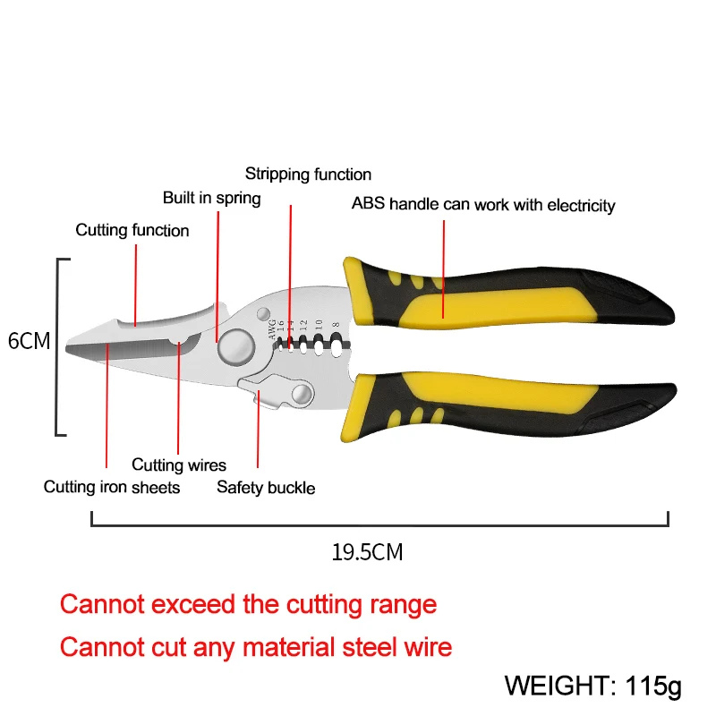TUPI Pro Elektricientang 3-in-1 Draadknipper Crimper Stripper Ergonomische grip Multitool voor elektrisch werk Professioneel