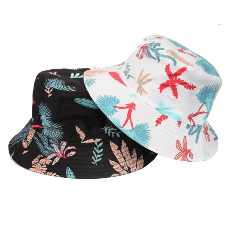 Hip-Hop Fisherman Hat European American Style Palm Leaf Pattern Cotton Sun Hat for Tropical Beach Vibes Sun Visor Women Caps