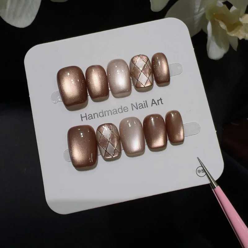 10 pçs unhas falsas artesanais para colar outono inverno marrom olho de gato dicas de unhas arte do prego unhas falsas curtas com cola imprensa em unhas