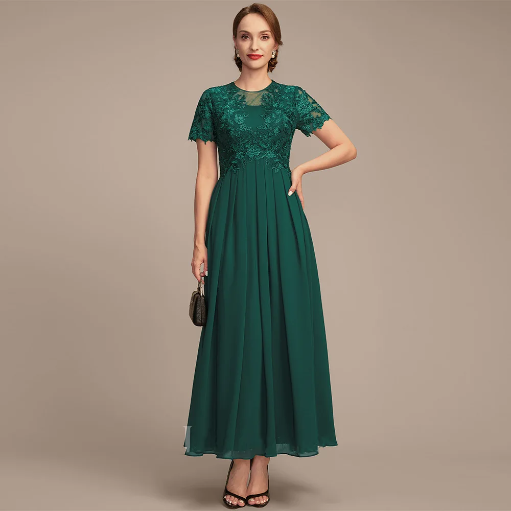 Kleid für die Brautmutter, individuell gestaltet, kurze Ärmel, Rundhalsausschnitt, Spitze, drapiert, A-Linie, Chiffon, Hochzeitsgastkleid, knöchellang