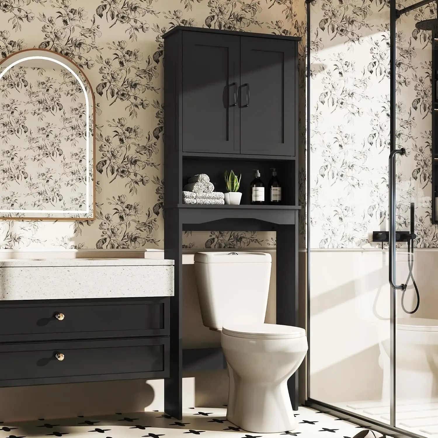 

Over The Toilet Storage Cabinet with Adjustable Shelf and Double Doors, Freestanding Bathroom Cabinet Organizer with Open She