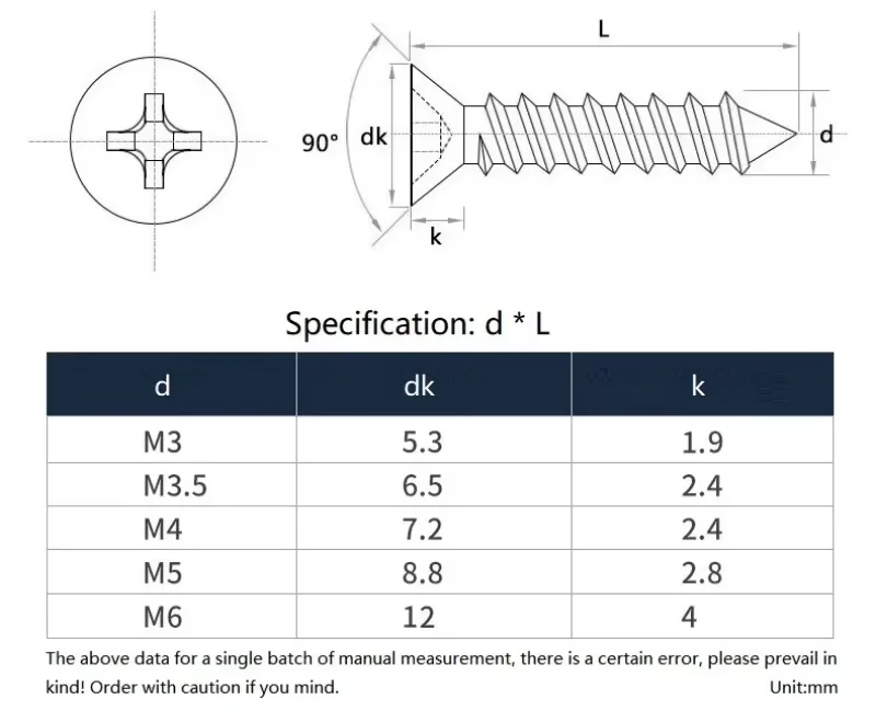 M3 M3.5 M4 M5 M6 304 Stianless Steel 500h Passivation Salt Spray Cross Recessed Countersunk Flat Head Wood Self-Tapping Screws