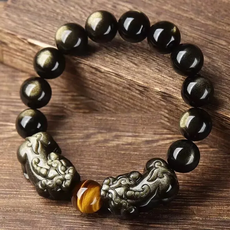 Natural Men And Women Coin Pixiu Zodiac Gold Obsidian Buddha Bead Bracelet Couples view 2