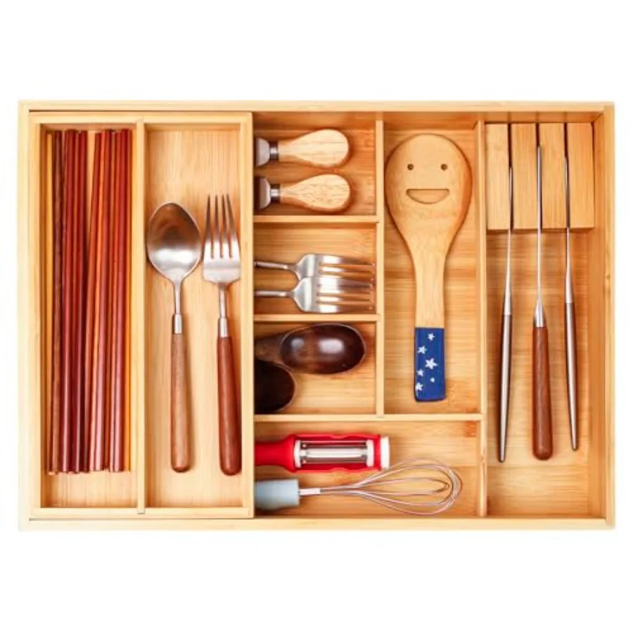 

Double Layer Bamboo Kitchen Drawer Organizer Cutlery Utensil Silverware Drawer Organizer Silverware Tray for Drawer Removable U