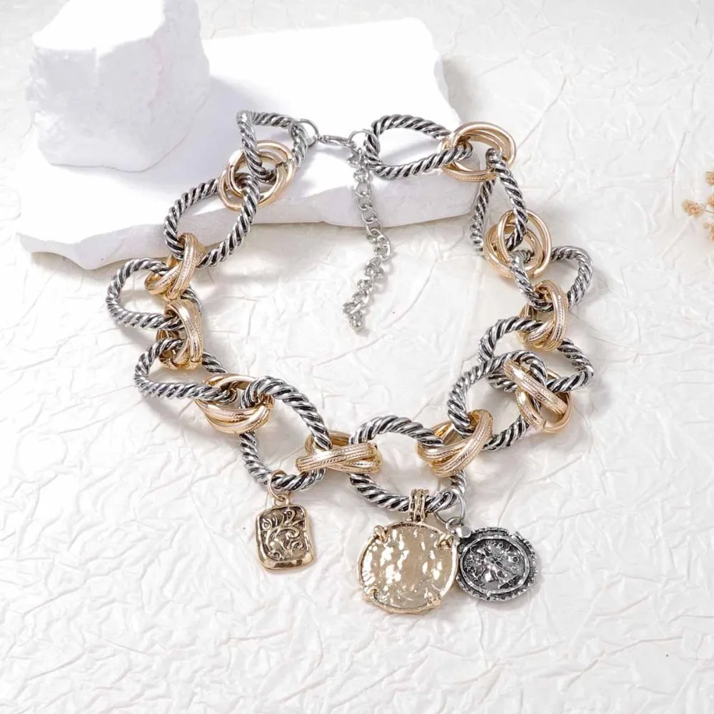 شخصية الموضة الكوبية سلسلة القلائد خمر مزدوجة اللون هندسية قلادة معدنية هدية الرقبة مجوهرات للحزب #3