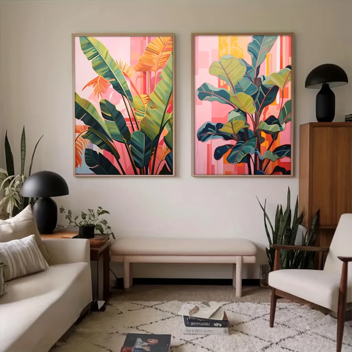 2 قطعة/المجموعة بوهو نابضة بالحياة الوردي شجرة التين النخيل الاستوائية مجردة قماش طباعة المشارك الحديثة النباتية ورقة الفن طباعة ديكور المنزل المشارك