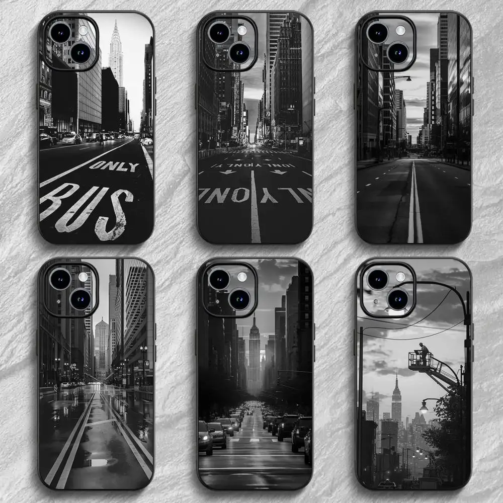 Funda para Teléfono con Diseño de Calle de Nueva York para iPhone 17 16 15 14 13 12 11 Pro Max Plus Mini, Negra, Esmerilada, Carcasa Suave
