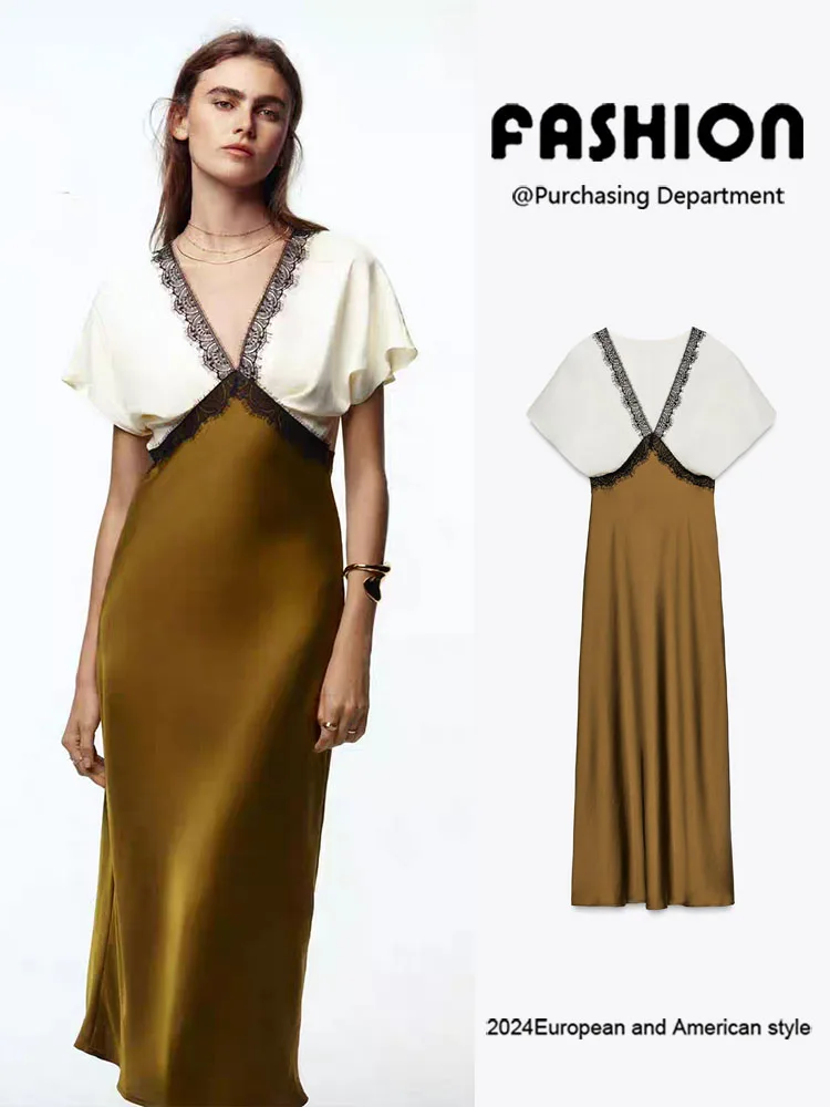 ชุดคอสตูมแฟชั่นสำหรับการแสดงบนเวที สีเอลี ผ้าซาตินเนื้อไหม แต่งขอบลูกไม้ ดีไซน์ใหม่สำหรับผู้หญิง ประจำฤดูร้อน 2025