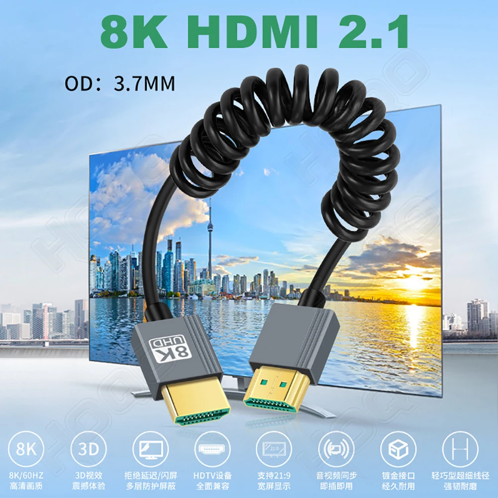 1M 8K HDMI 2.1 Spring Cable Mini Micro HDMI Stretch Spring 8K 60HZ Curl Flexible Cord for PC Phone Tablet Camera DV Monitor HDTV