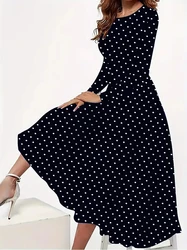 Elegant polka dot print round neck long sleeved pocket dress