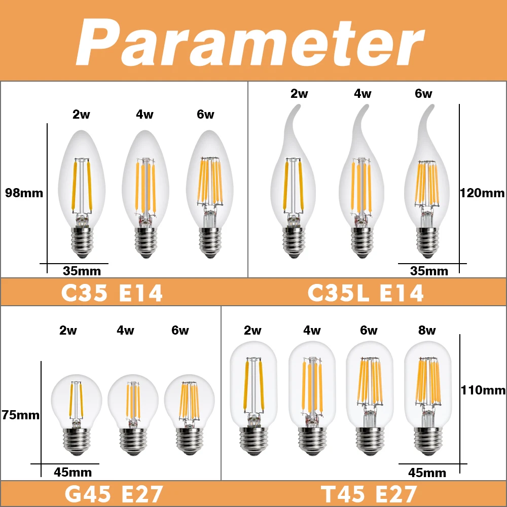 2 peças/lote E27 E14 Retro Vintage Edison Lâmpada LED Filamento Lâmpada 220V 240V Vidro Lâmpada C35 A60 ST64 G45 G80 G95 Luz de Vela