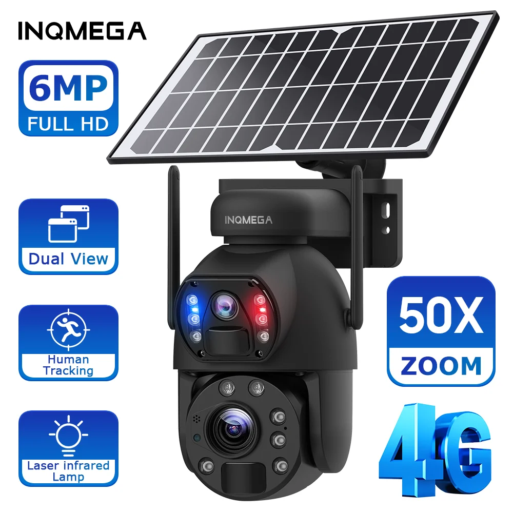 INQMEGA 50X ZOOM 6MP Solar Camera 4G SIM 360° Outdoor Dual Lens Human Tracking WIFI Battery Security Cameras PIR Night Vision