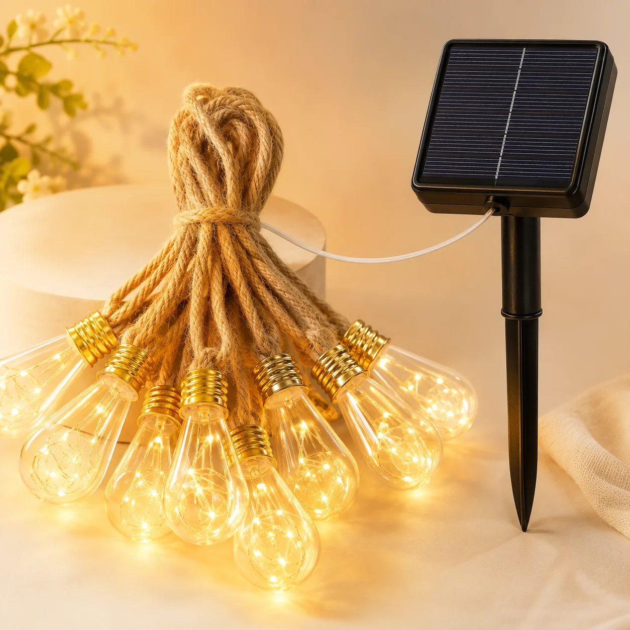 Solar-Lichterkette mit Hanfseil und Edison-Glühbirnen, Solarbetriebene Warmweiße Feenlichter für Garten, Terrasse, Veranda, Hof und Halloween-Dekoration