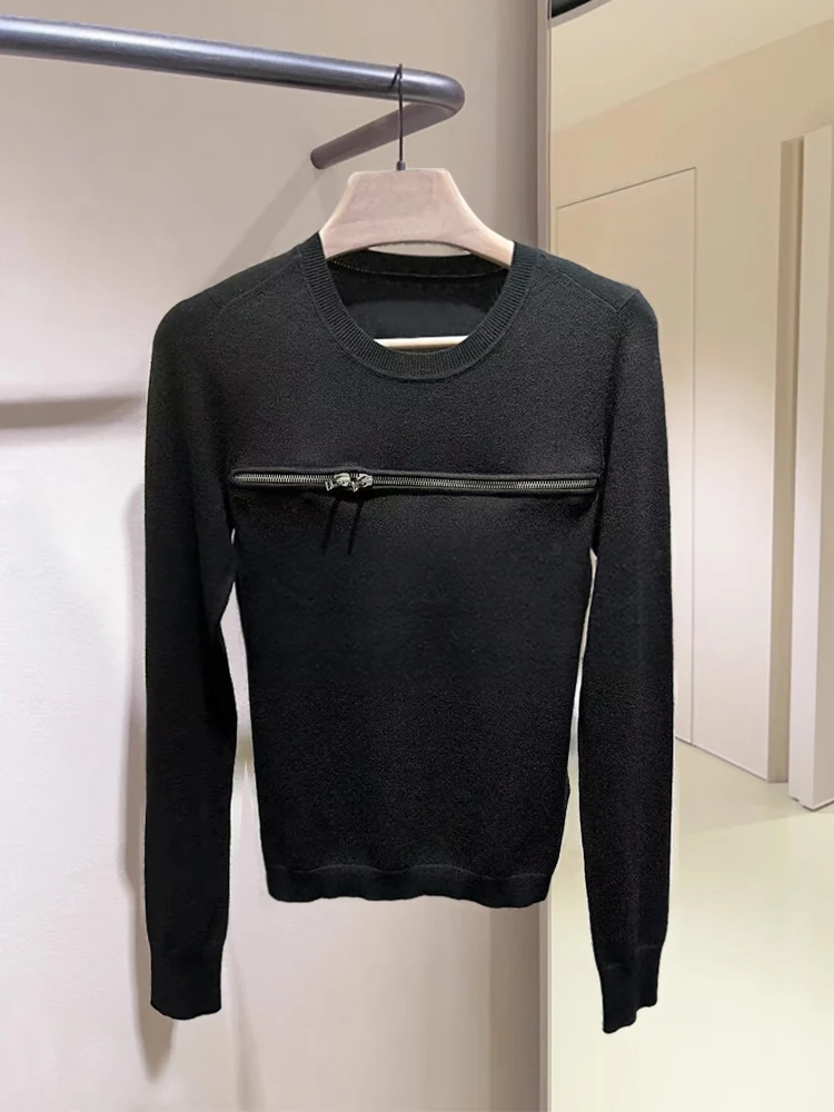 

Slim Fit round Ne Knitted Sweater Double Zipper Design 2023 Autumn Winter Sle Commute Faion Woolen Long Sve Top