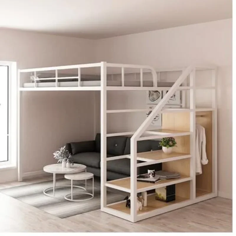 

Iron work elevated bed empty single upper floor space saving attic bunk apartment high and low iron frame bed