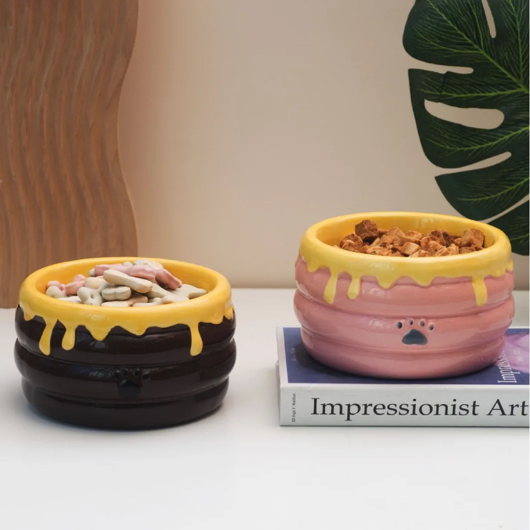 Ceramic cat/dog bowl, pet bowl, high footed honey pot shape, deep mouthed large capacity anti spill ceramic water bowl