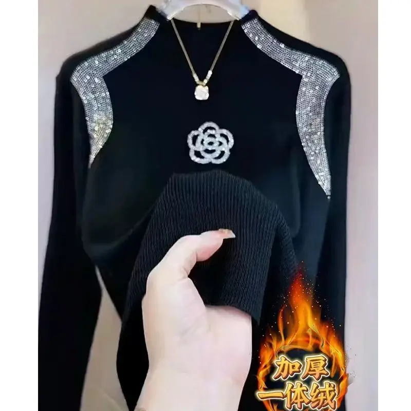 Camellia Hot Diamond Turtleneck Sweater for Women Fashionable New Slim Fit Thickened Knitted Bottoming Shirt Top