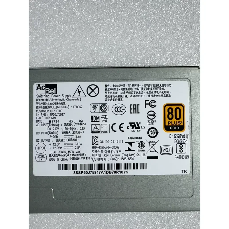for Lenovo RD650 RD450 RD350 TS560 Server 450W Redundant Power Supply Unit