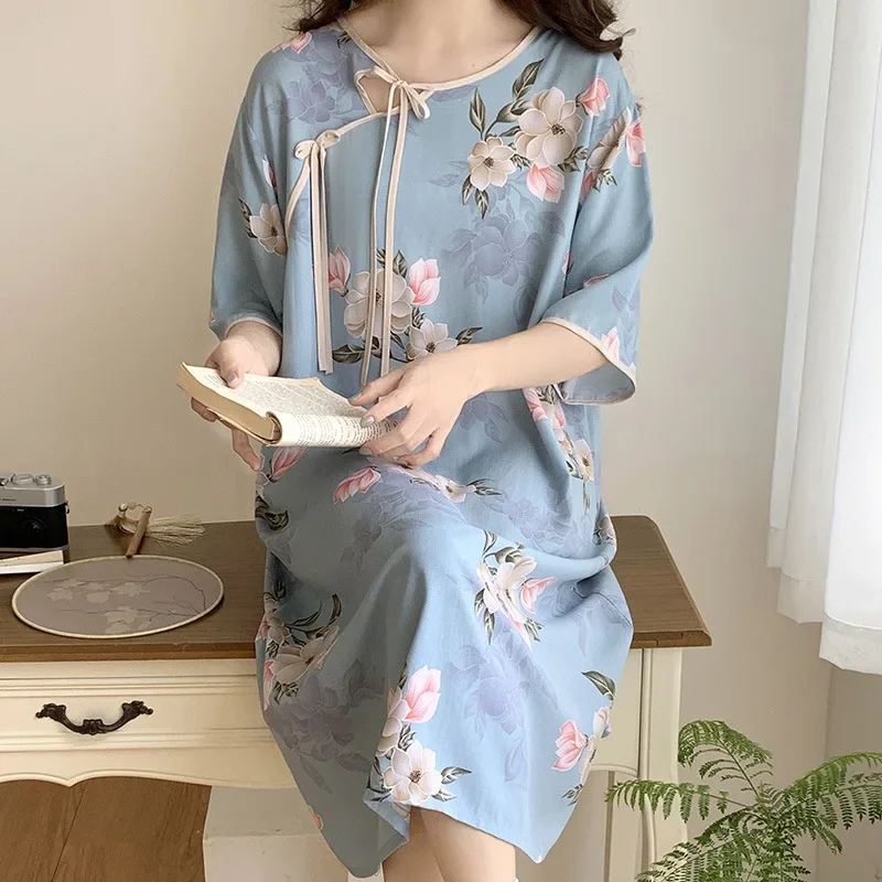 Short Sleeve Floral Print Woman Satin Summer Nightgowns Nightdress Night Robe Lounge Women Pijama Sleepwear Pajama Pj