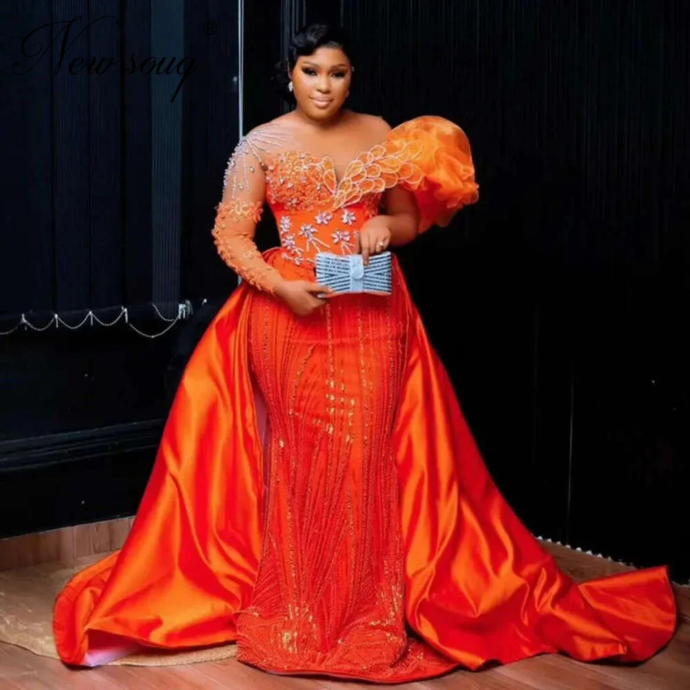 

Aso Ebi Оранжевые платья русалки для выпускного вечера с прозрачным вырезом Элегантное вечернее платье в африканском стиле с бисером и верхней юбкой Индивидуальные вечерние платья для гостей